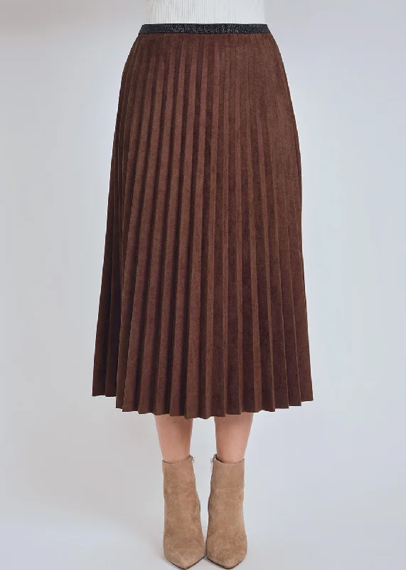 Brown Pleated Suede Midi Skirt