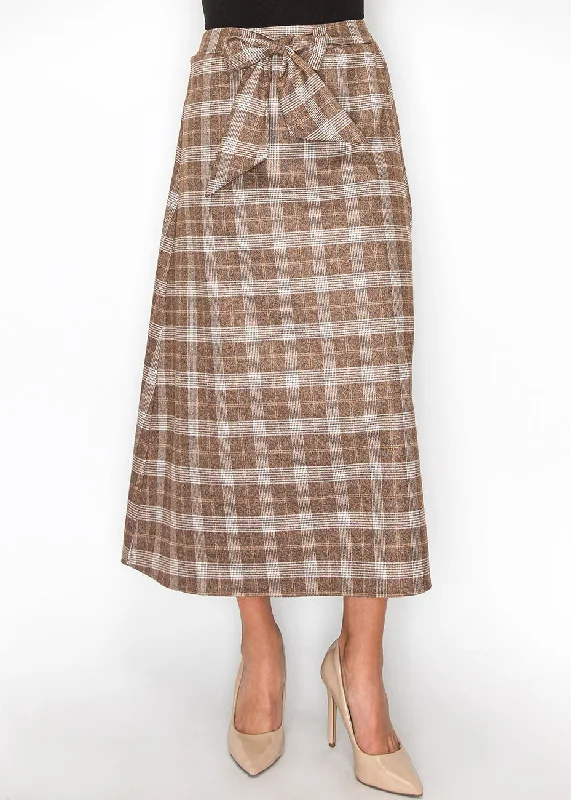 Classic Brown Plaid Skirt with Tie Waist