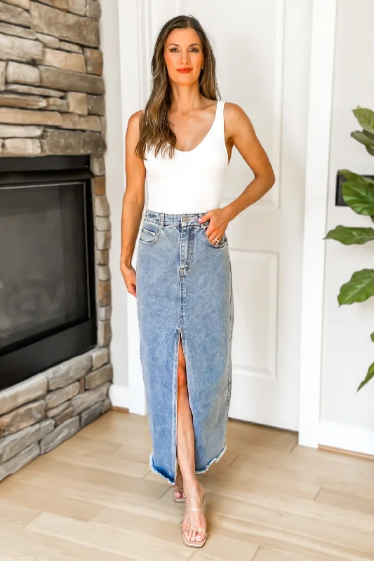 Just Right Front Slit Denim Midi Skirt