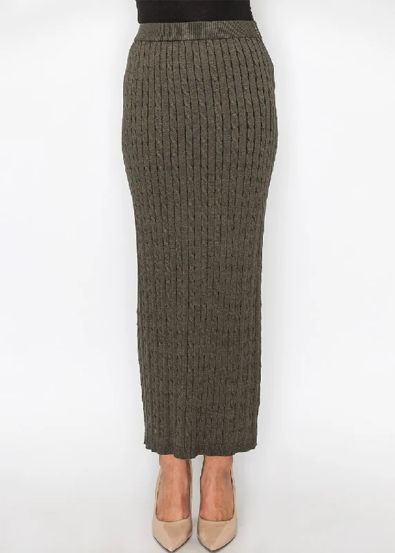 Olive Cable-Knit Long Skirt