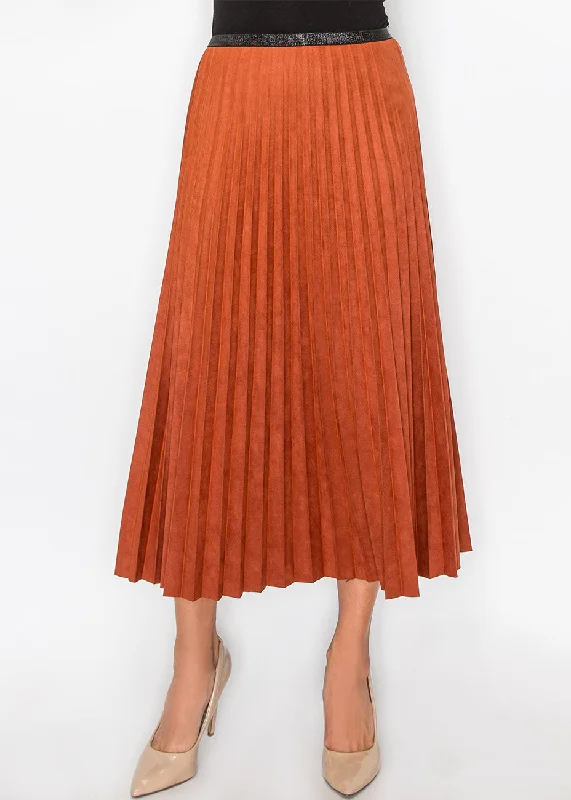 Rust Suede Midi Skirt with Pleats