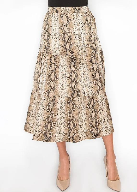 Snakeskin Print Tiered A-Line Skirt