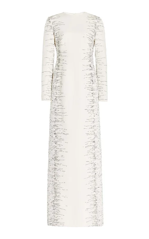 Bianca Embroidered Dress in Ivory Silk Wool Cady