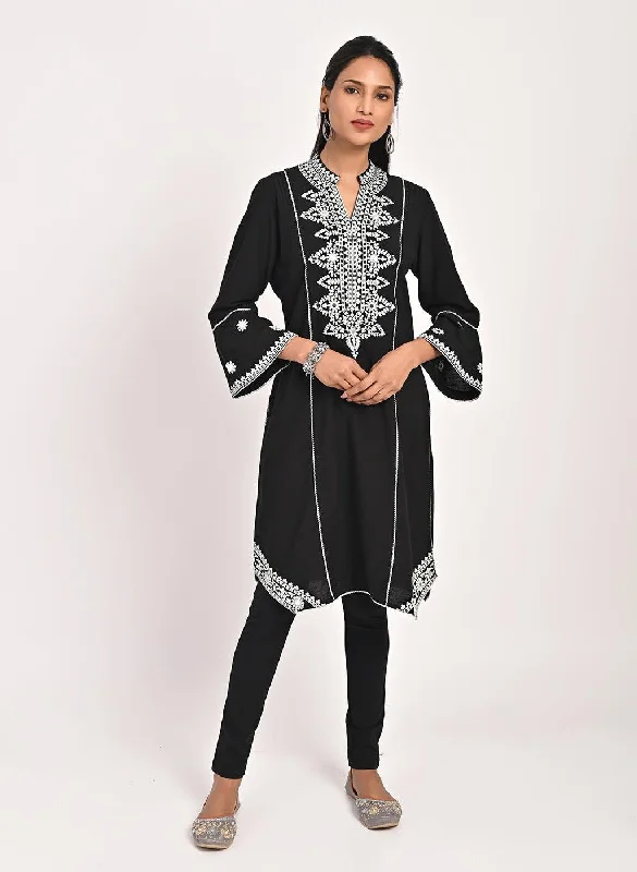 Black Mid-length Cotton Kurti for Women with Embroidery