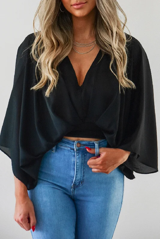 Black V Neck Flared Sleeves Crop Top