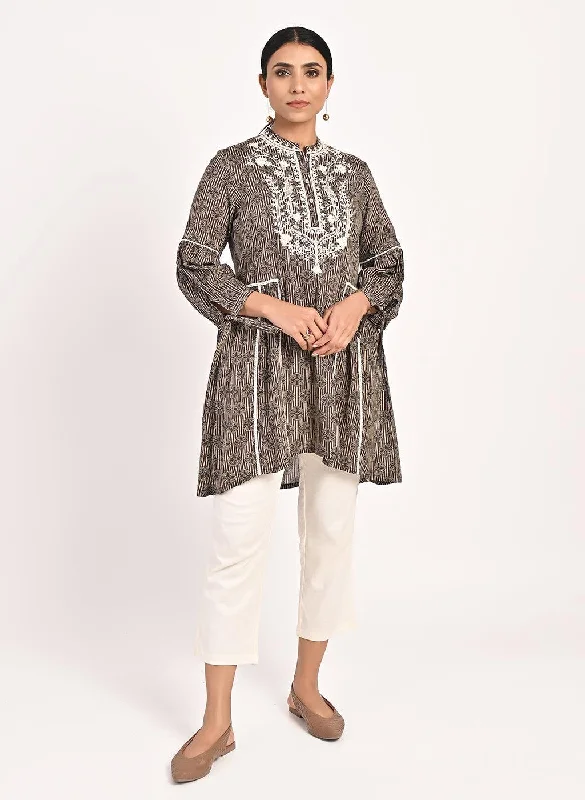 Floral Stripe Brown Tunic with Dori Embroidery