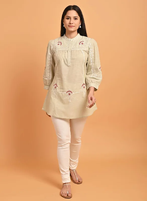 Green Embroidered Slub Tunic