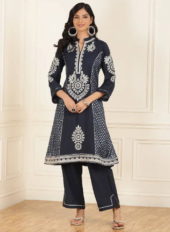 Navy Blue Embroidered Chanderi Kurta Set with Gota Lace Detailing