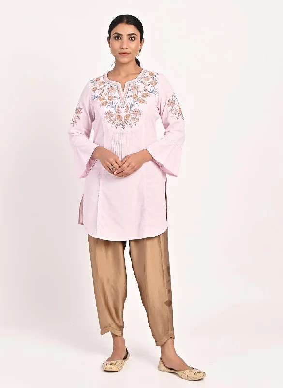 Pink Cotton Kurti with Floral Embroidery