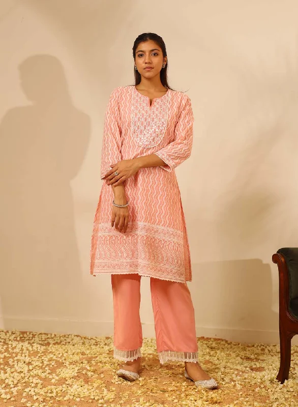 Pink Long Chanderi Kurta Set with Mirrorwork