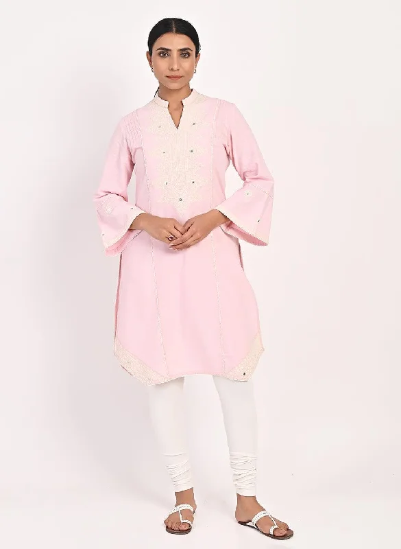 Pink Mid-length Cotton Kurti  for Women with Embroidery