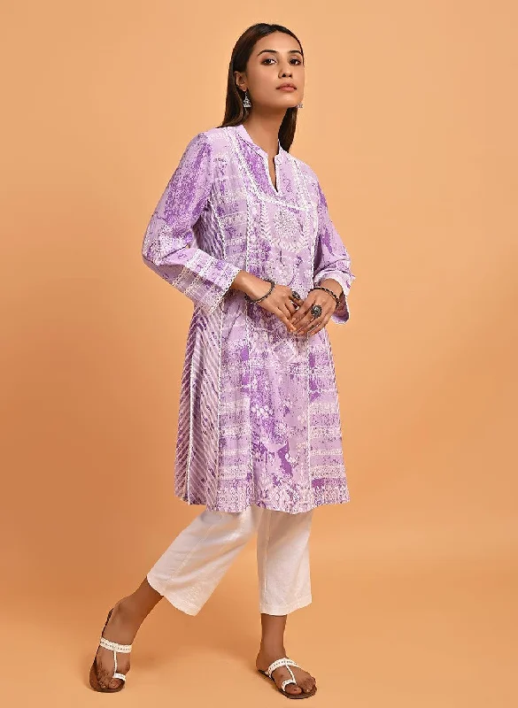 Purple Printed Short Kurti for Women with Lace Detailing