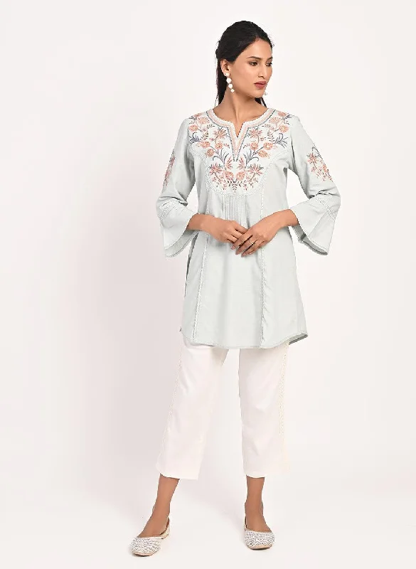 Spa Blue Cotton Kurti with Floral Embroidery