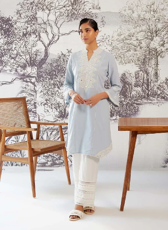 Spa Blue Mid-length Cotton Kurti for Women with Embroidery