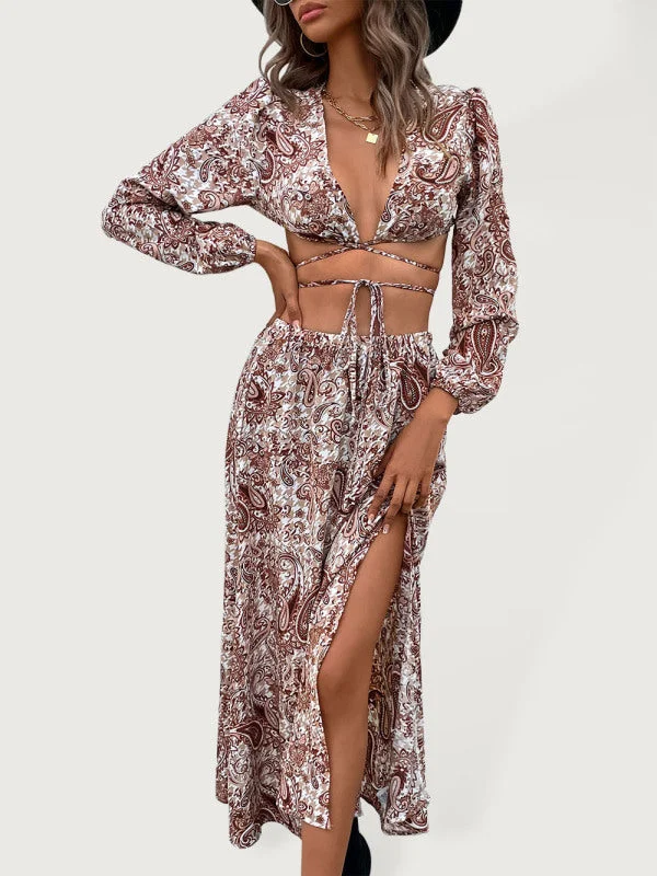 Women's Woven Paisley Vacation Sexy Long Dress Two-Piece Set