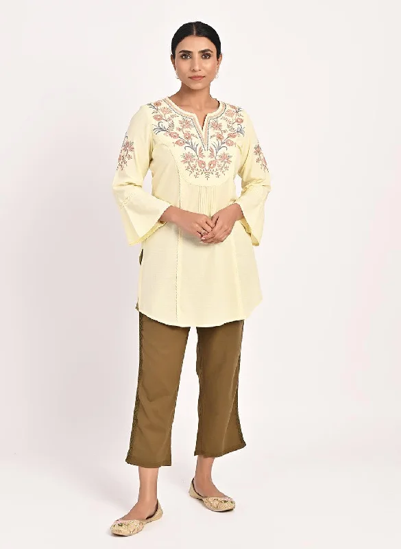 Yellow Cotton Kurti with Floral Embroidery