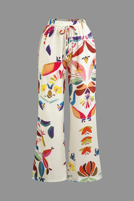 Leaves Print Wide Leg Trousers