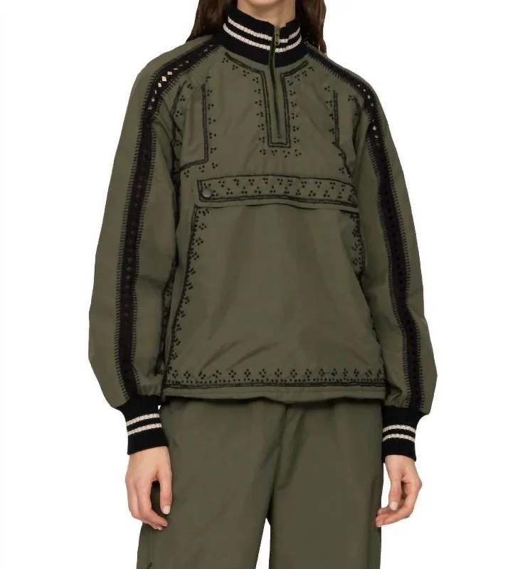 Mille Embroidery Windbreaker Top In Olive