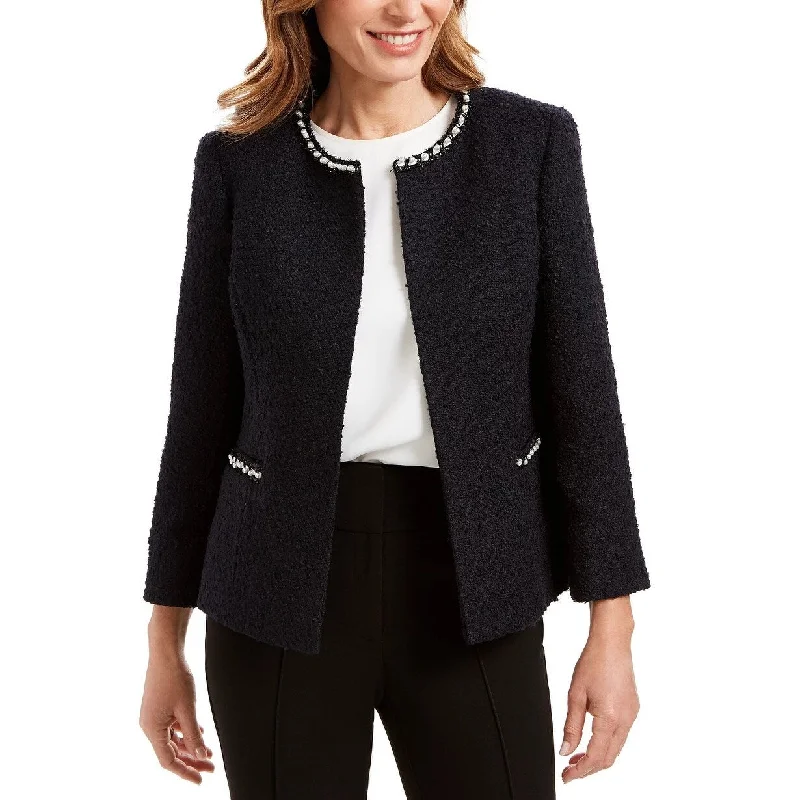 Kasper Women's Faux-Pearl Embellished Textured Jacket Navy Size 4