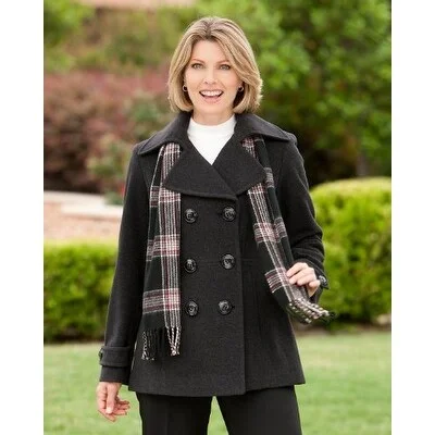 London Fog Double-Breasted Peacoat With Scarf Charcoal 2-Extra Large