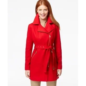 Michael Kors Petite Asymmetrical-Zip Belted Coat True Red Petite XL