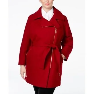 Michael Kors Plus Size Asymmetrical Belted Red Coat 2-Extra Large - XL