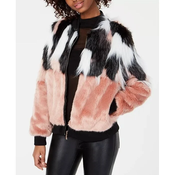 Say What? Junior's Mixed Faux Fur Jacket Pink Size X-Small - XS