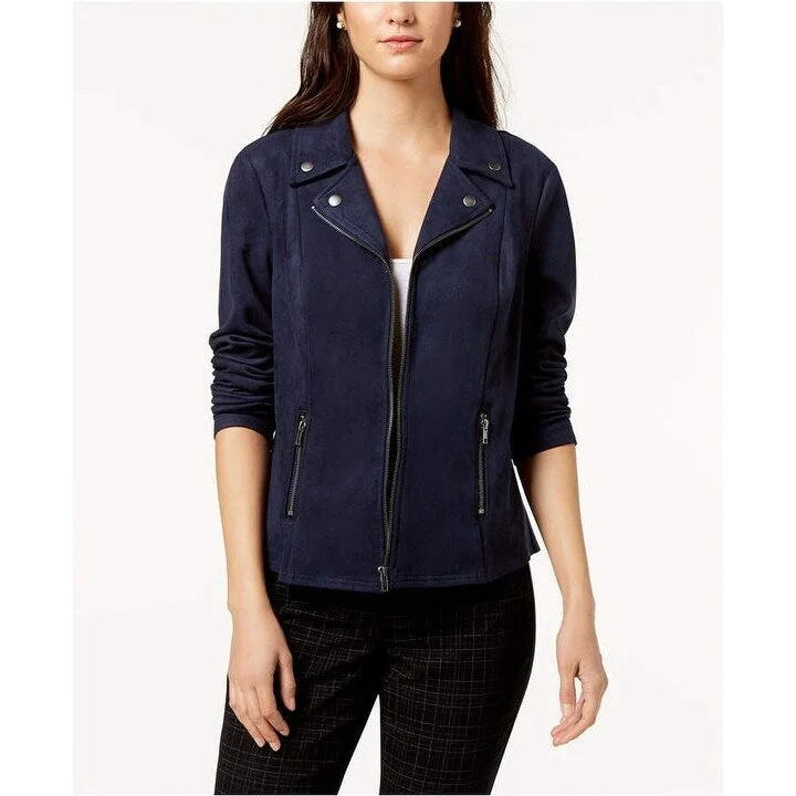 Style & Co Women's Faux-Suede Moto Jacket Dark Blue Size Small