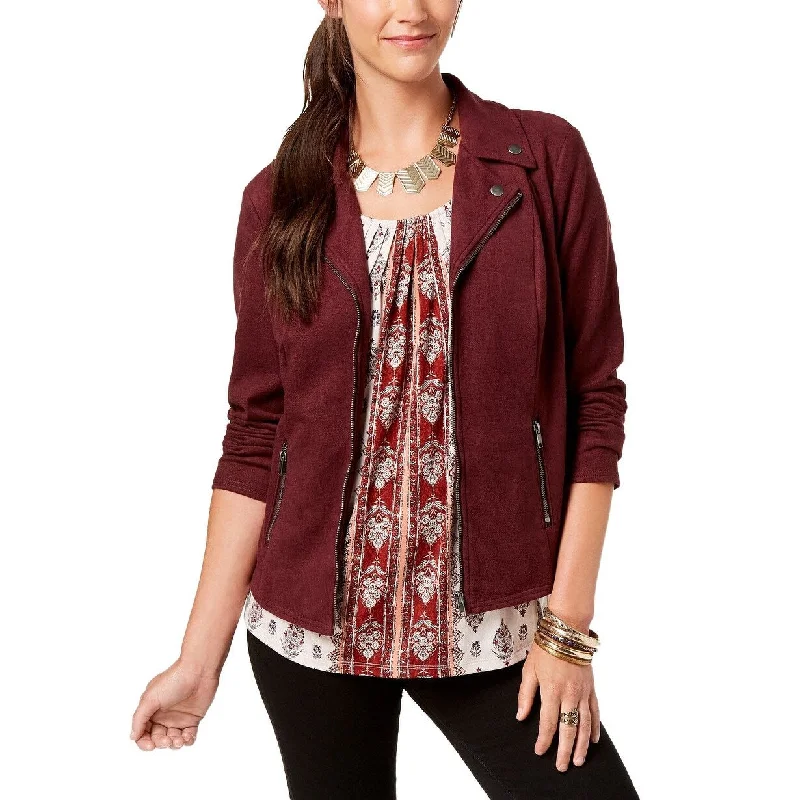 Style & Co Women's Faux Suede Moto Jacket Dark Red Size Large