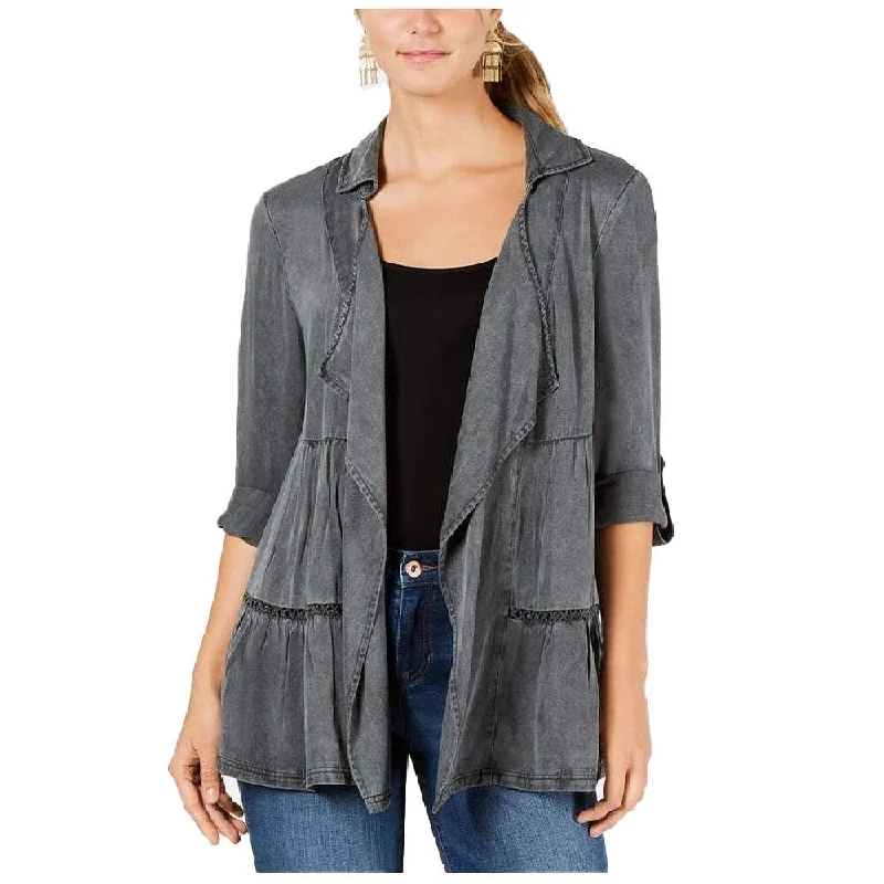 Style & Co Women's Tiered Roll-Tab Sleeve Jacket Grey Size Medium