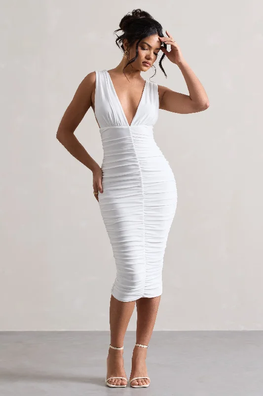 Attract | White Ruched Plunge-Neck Midi Dress