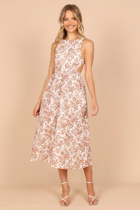 Aubrey Cutout Midi Dress - Tan Floral