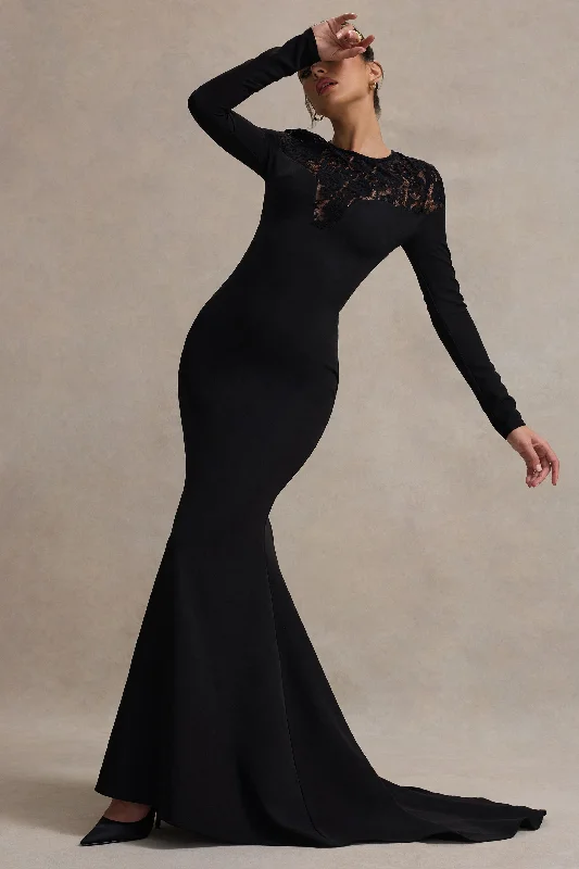 Campbell | Black Long-Sleeve Maxi Dress With Lace Detail