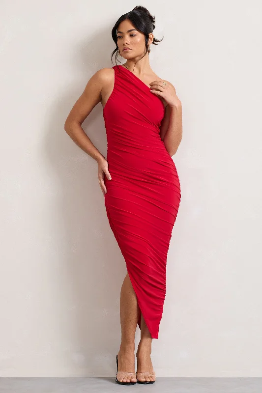 Dorit | Red One Shoulder Asymmetric Ruched Midi Dress