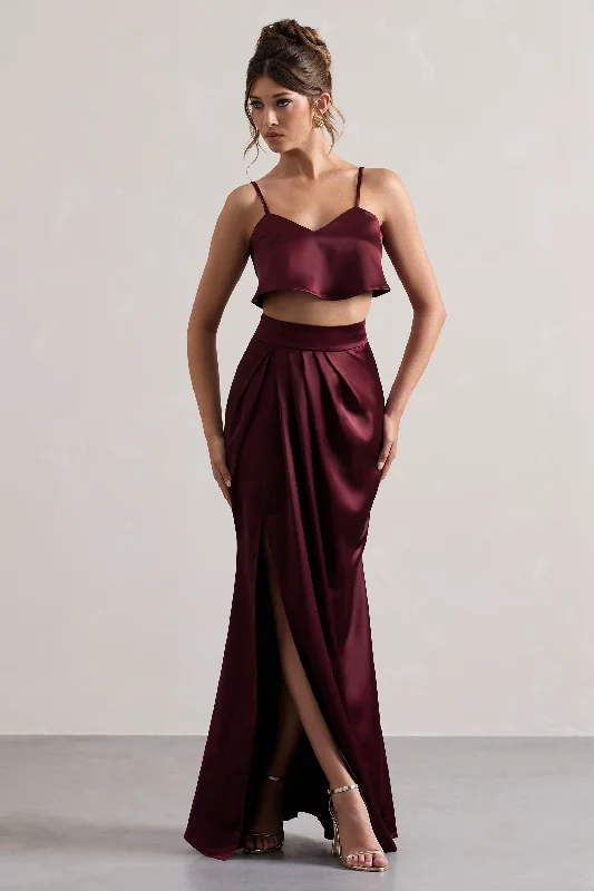 Free Feeling | Plum Satin Split Maxi Skirt