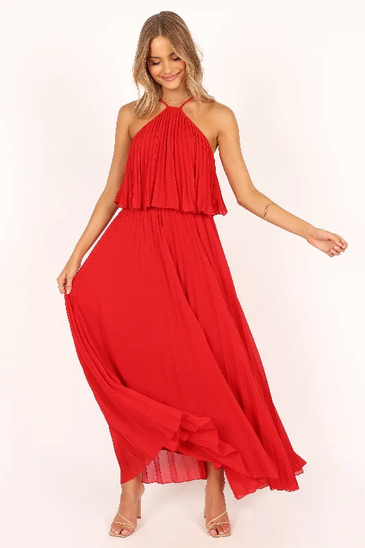 Gia Pleated Halterneck Maxi Dress - Red