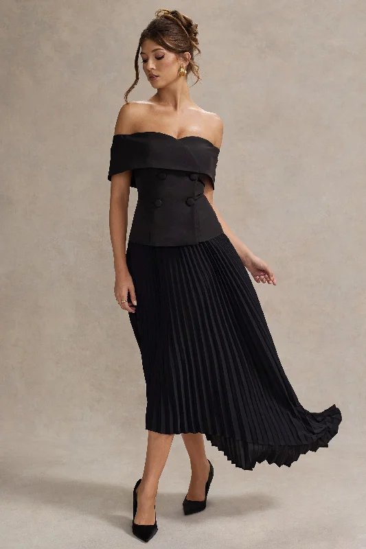 Hattie | Black Bardot Tailored Maxi Dress With Plisse Skirt