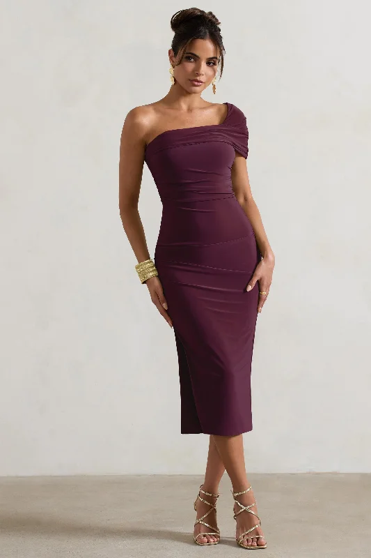 Hawaii | Plum Asymmetric One-Shoulder Split Midi Dress