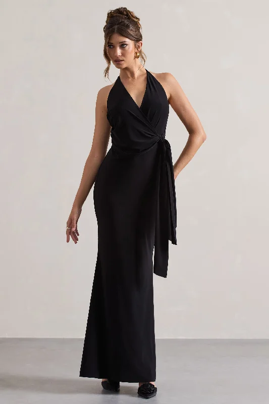 Janelle | Black Halter-Neck Gathered Drape Maxi Dress