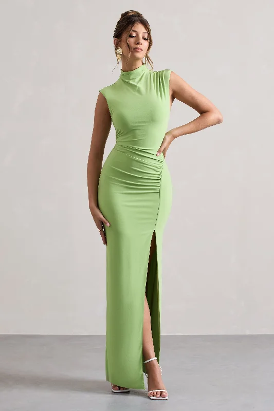 Lanetta | Light Green Ruched High-Neck Maxi Dress With Split