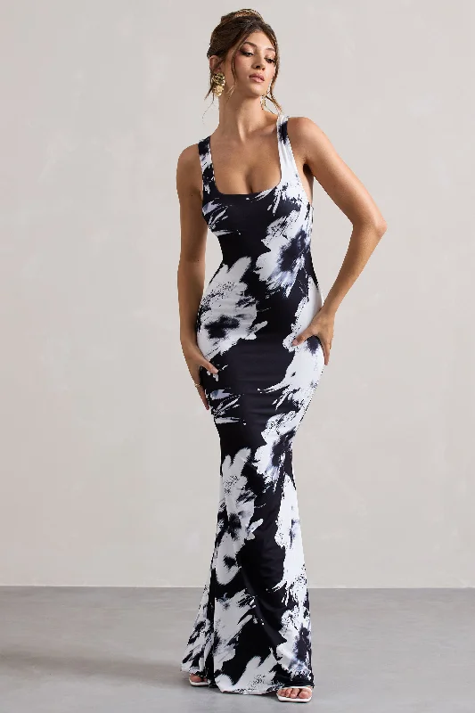 Mahina | Monochrome Floral Print Square-Neck Maxi Dress