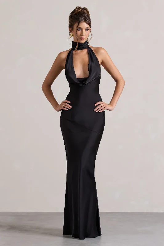 Matea | Black Satin Cowl-Neck Maxi Dress