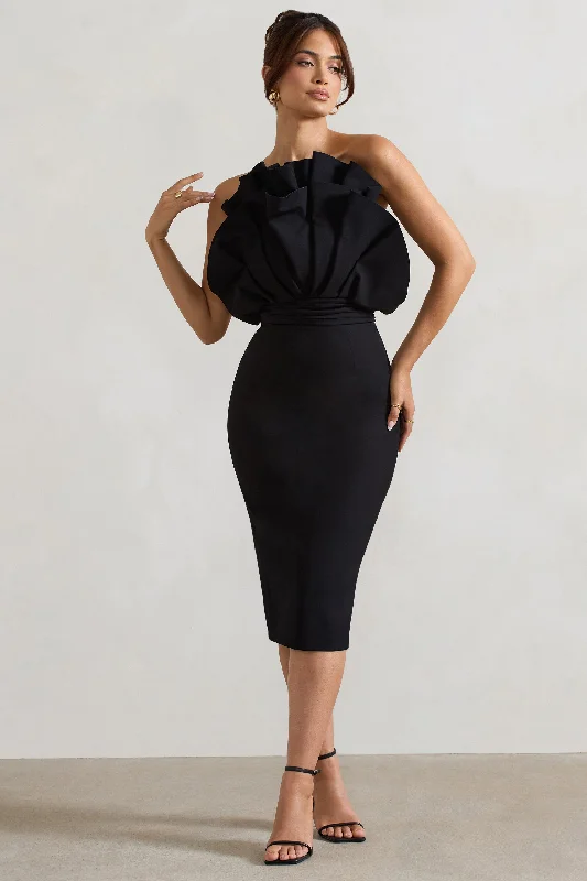 Oria | Black Ruffled Strapless Midi Dress