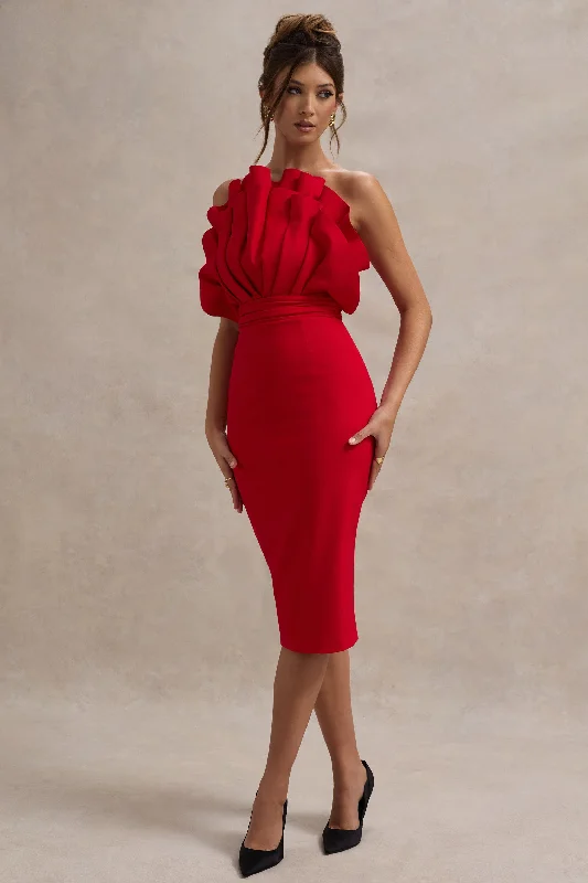 Oria | Red Ruffled Strapless Midi Dress