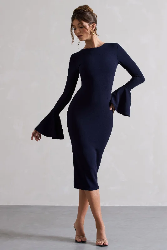 Rhyanne | Navy Bodycon Flared-Sleeve Midi Dress