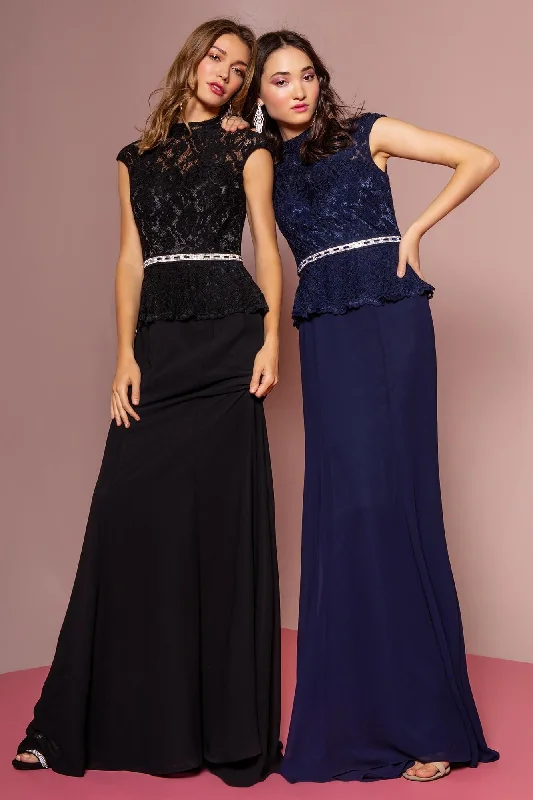 Black 2XL Prom Cap Sleeve Peplum Evening Long Dress