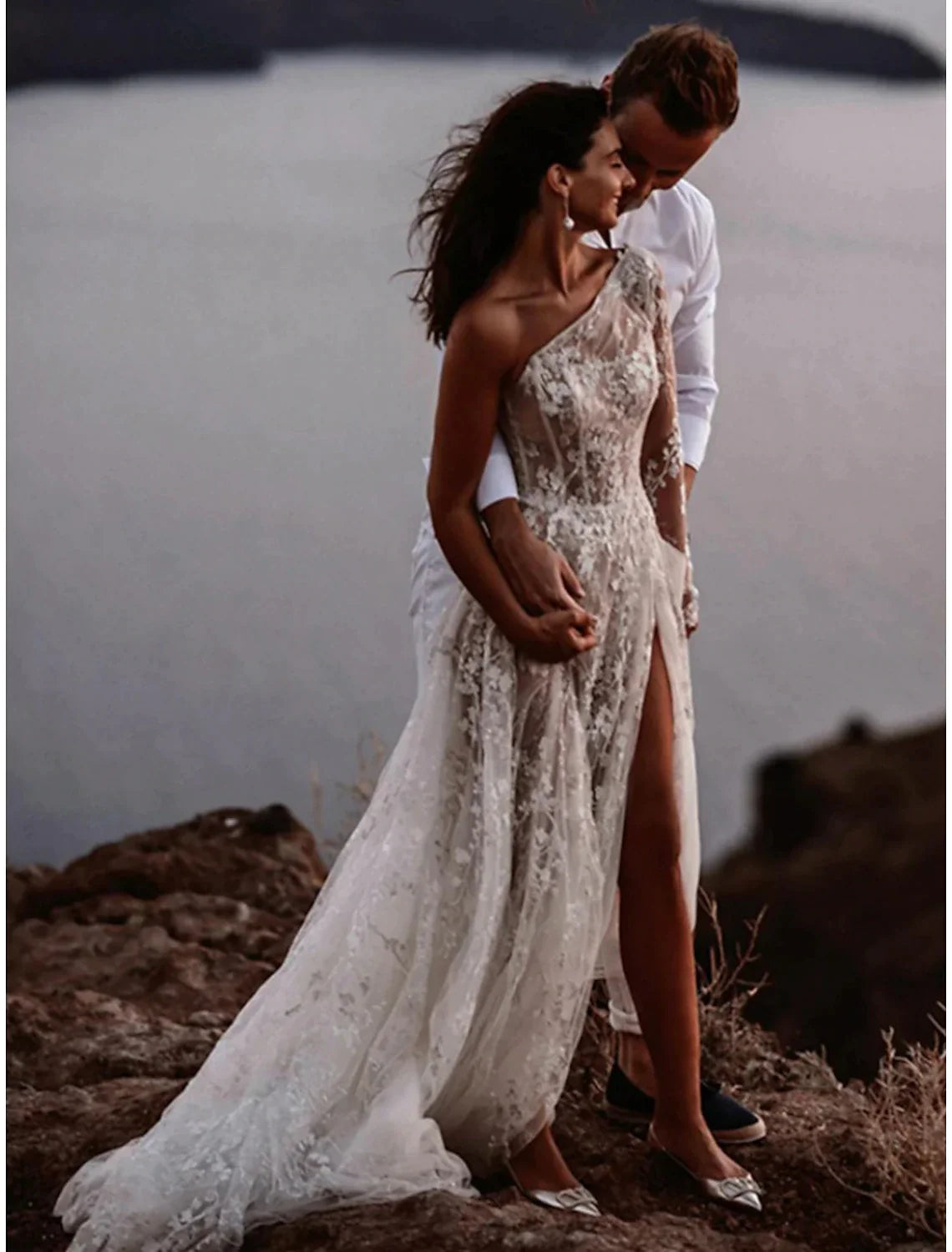 Beach Sexy Boho Wedding Dresses A-Line One Shoulder Long Sleeve Sweep / Brush Train Lace Bridal Gowns