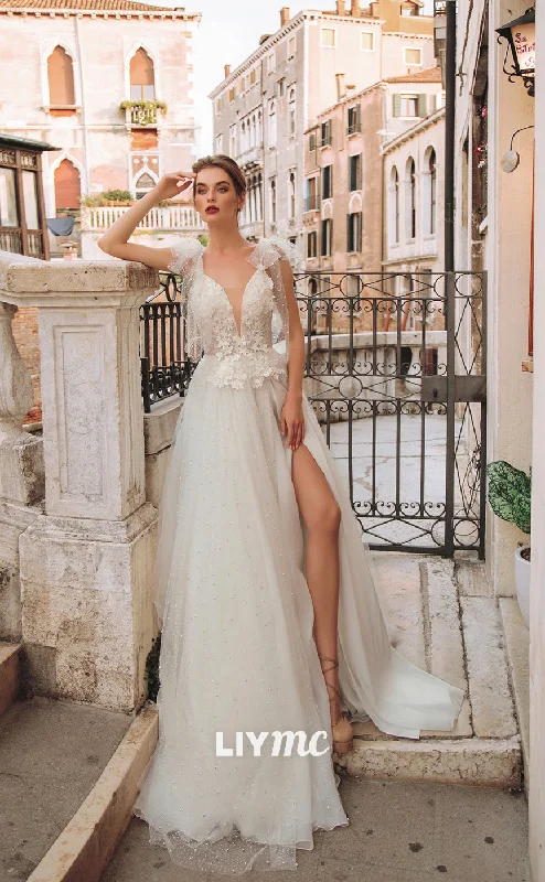 LW314 - A Line Plunging V neck Appliques Boho Wedding Dress with Slit