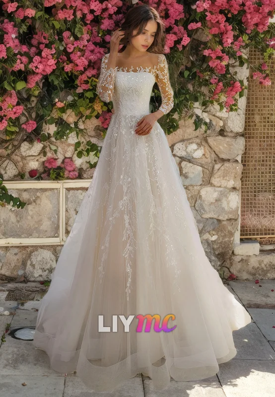 LW322 - A Line Illusion Neckline Lace Appliques Long Sleeves Elegant Wedding Dress