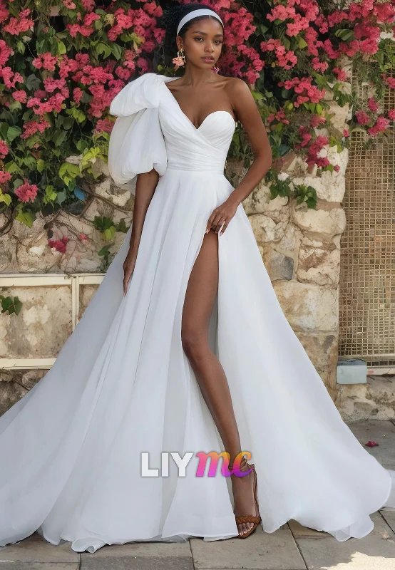 LW324 - A Line One Shoulder Pleats Elegant Wedding Dress with Slit